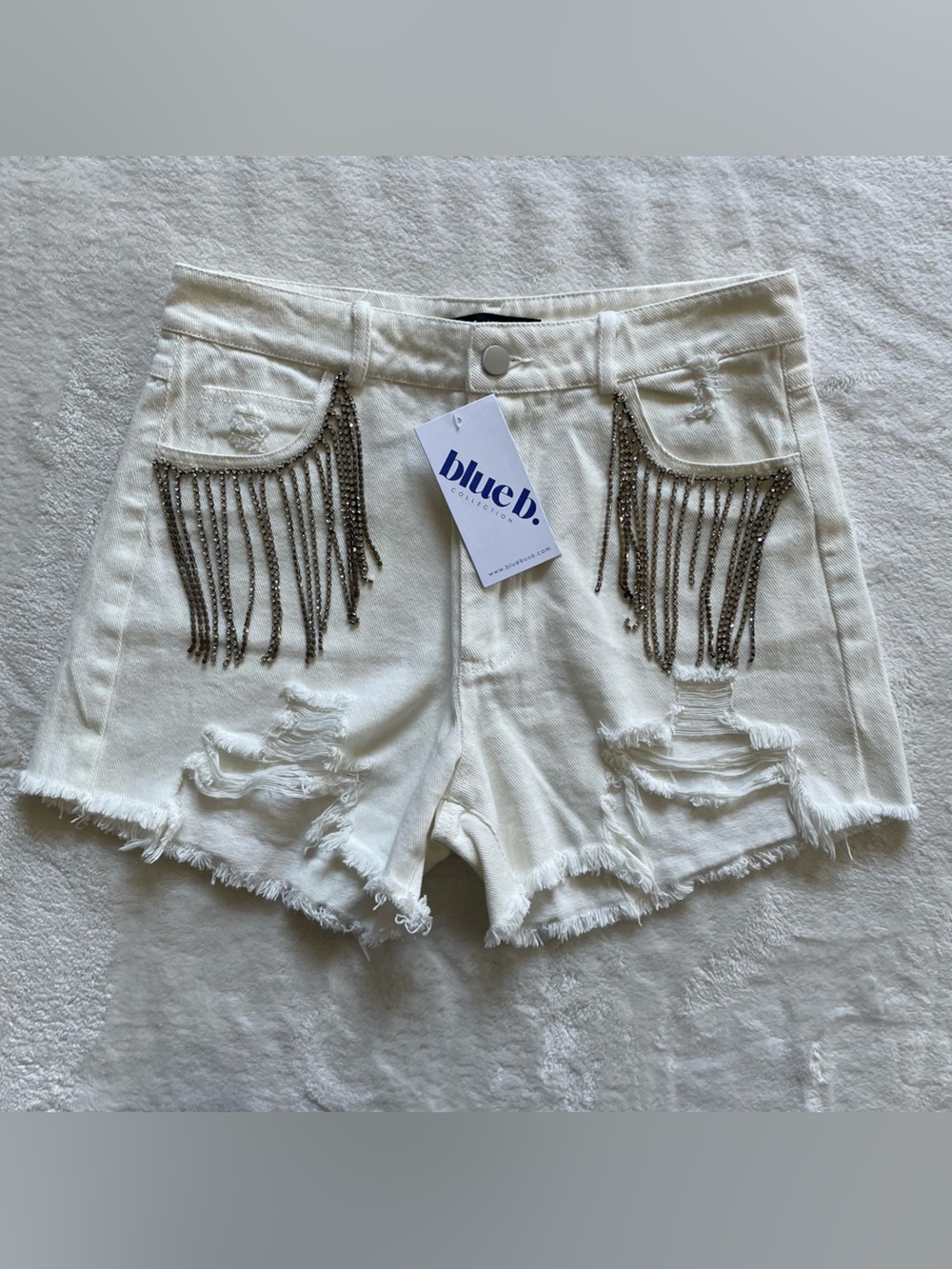 NWT Blue B. White Distressed Jean Shorts size S with Rhinestone Tassel Pockets